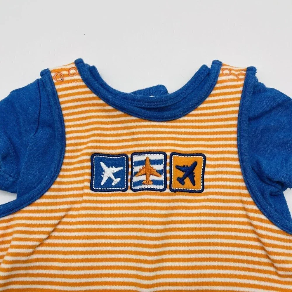 Offspring Infant Boys Size 6 Months Embroidered Airplane Striped Overalls 801‎